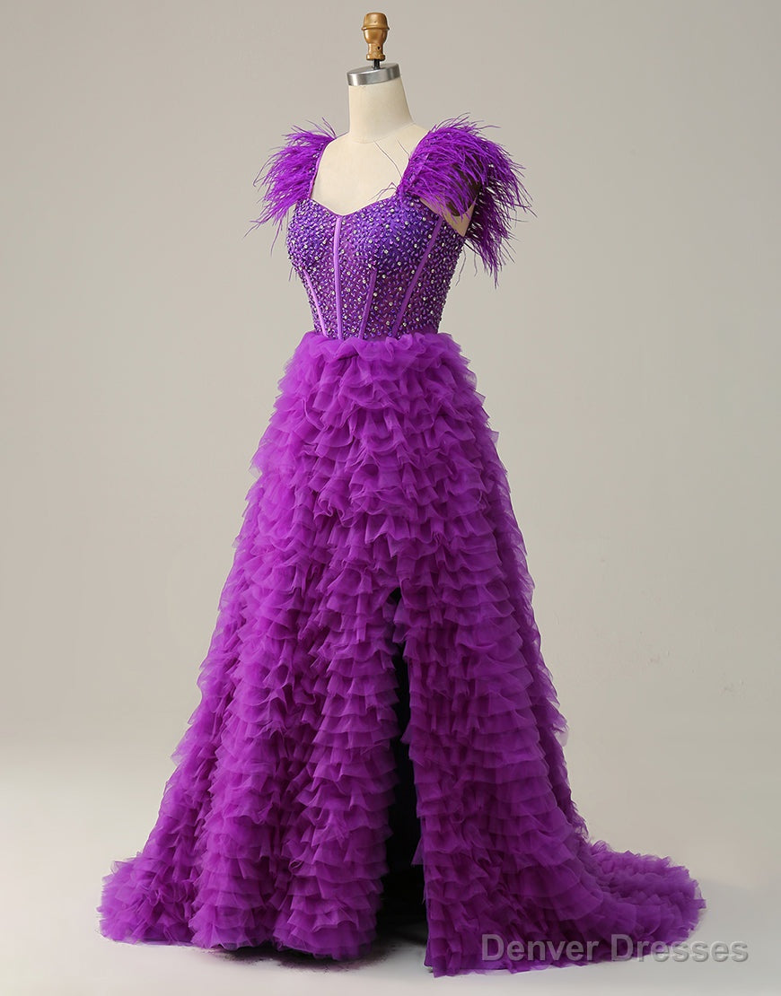 Purple A-Line Ruffle Glitter Long Prom Dress With Split Secondary image