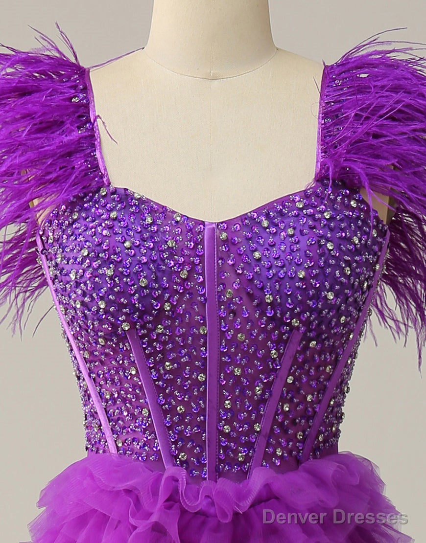 Purple A-Line Ruffle Glitter Long Prom Dress With Split