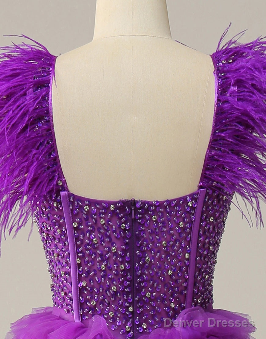 Purple A-Line Ruffle Glitter Long Prom Dress With Split