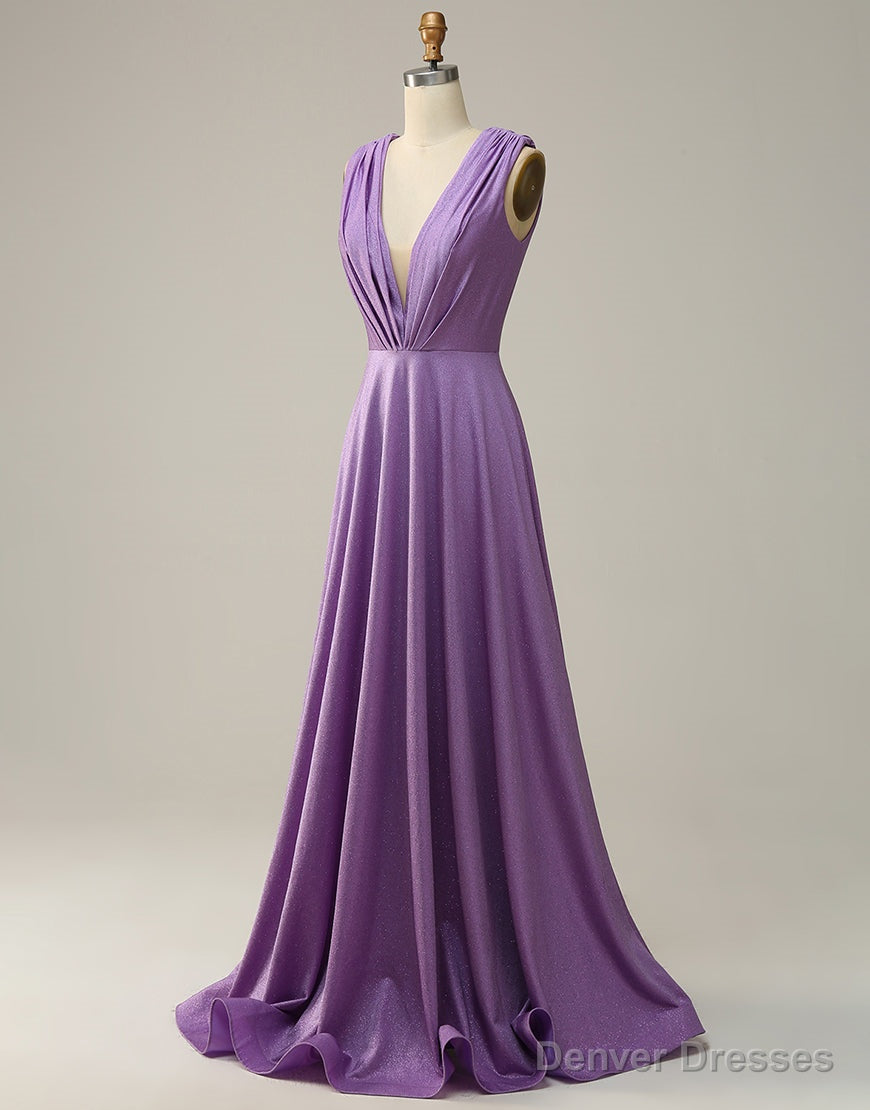 Purple A-Line V-Neck Long Glitter Prom Dress With Pleating Secondary image