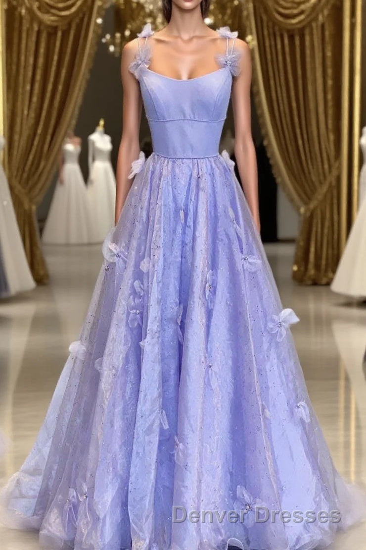 Purple Spaghetti Straps Long A line Prom Gown Handmade Flower Evening Dress Main image