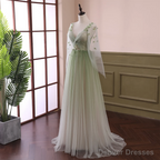 Beautiful Gradient Tulle Green Beaded Long Sleeves Party Dress, Green Formal Dress