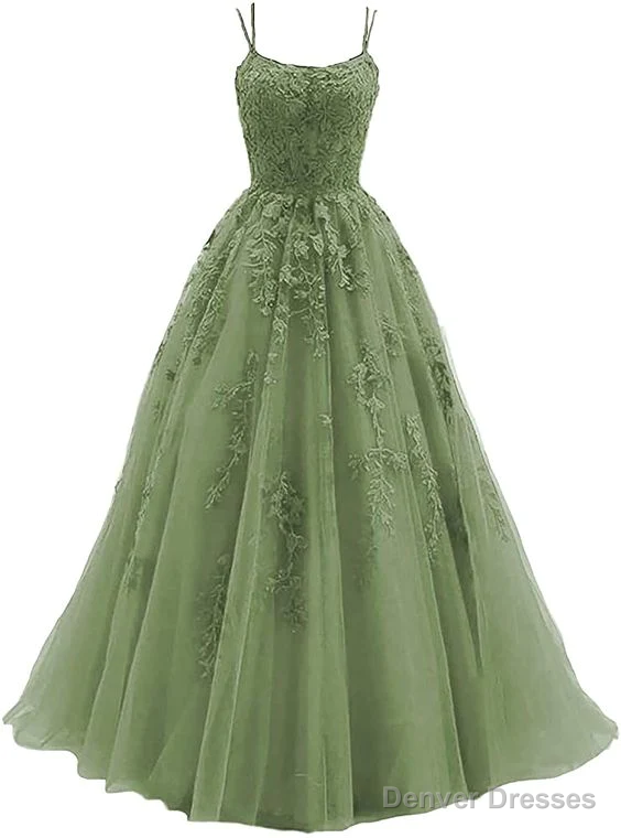Green Lace Applique Tulle Long Straps Cross Back Long Party Dress, Green Junior Prom Dress Main image