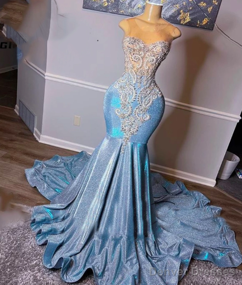 light blue prom dresses, crystal sequins evening gowns, mermaid prom dress Main image