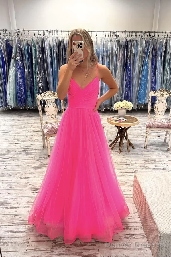 V Neck Hot Pink Tulle Long Prom Dresses, Hot Pink Tulle Long Formal Evening Dresses Main image