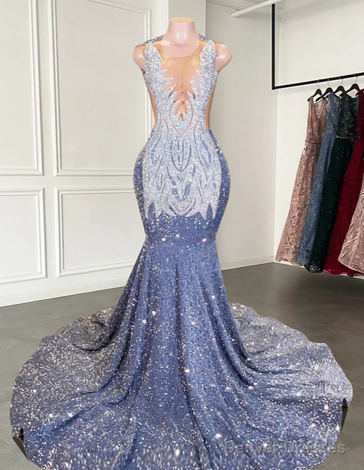 Long Mermaid Prom Dresses Sparkly Diamond Sheer Scoop Neckline Silver Sequined Black Girl Prom Formal Gowns Main image