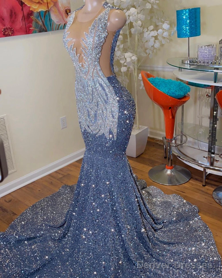 Long Mermaid Prom Dresses Sparkly Diamond Sheer Scoop Neckline Silver Sequined Black Girl Prom Formal Gowns Secondary image