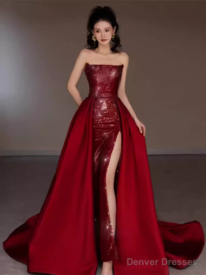 Sexy Mermaid Strapless Sleeveless Party Dress Red Long Prom Dress