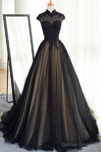 Black Tulle Cap Sleeves Floor Length Long Prom Dresses, Luxury Dresses