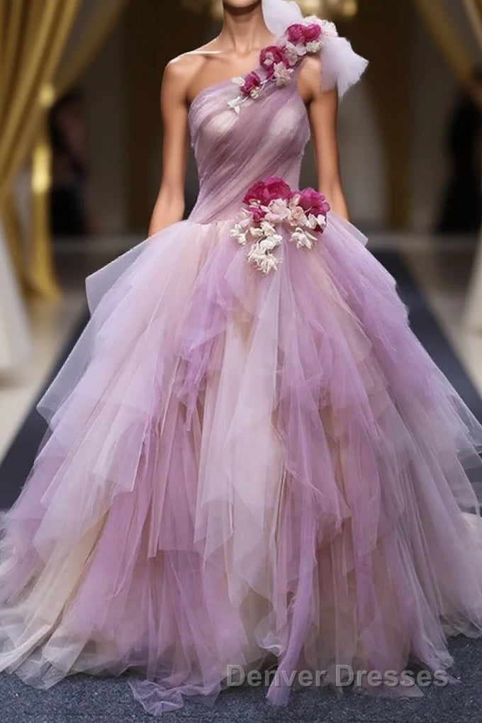 Puffy One Shoulder Sleeveless Tulle Prom Dress with Flowers, Ruffles Quinceanera Dress Main image