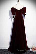 Modest Burgundy Long Prom Dress with Short Sleeves Vintage Evening Gown