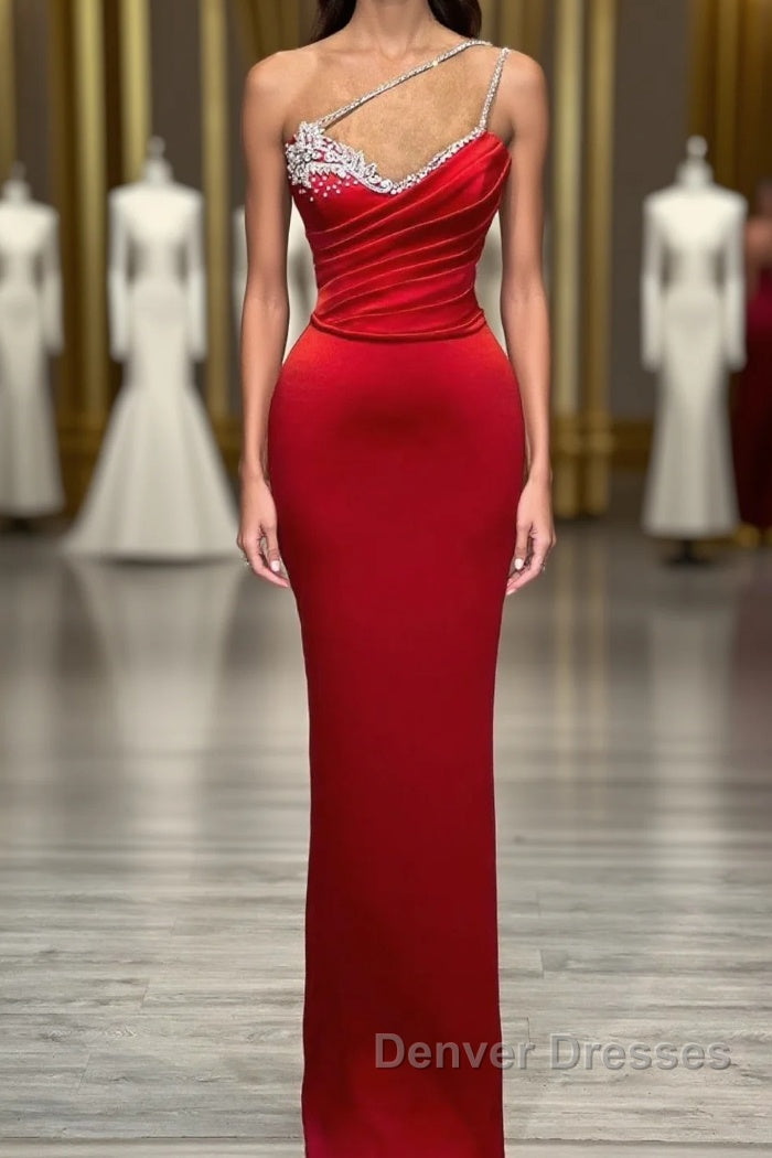 Red Long Mermaid One Shoulder Satin Prom Dress With Beadings Sleeveless