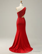 Red Mermaid One Shoulder Long Glitter Prom Dress With Split