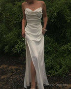 Sexy Mermaid Cowl Neck Spaghetti Straps White Silk Prom Dresses