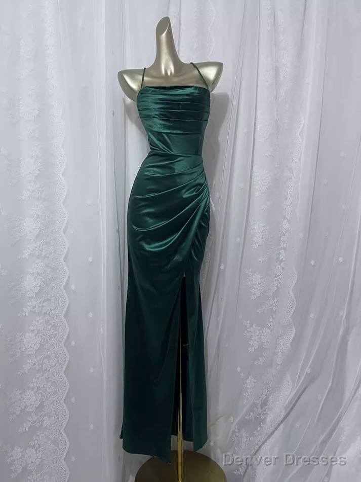 Vintage Sheath Spaghetti Straps Dark Green Vacation Dress Satin Birthday Dresses Main image