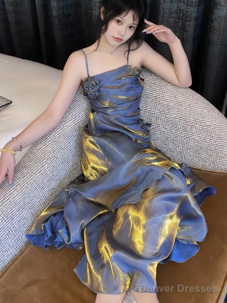 Mermaid Spaghetti Straps Prom Dresses Blue Party Dress