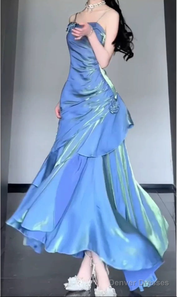 Blue Satin Long Straps Prom Dress Wine Red A-line Party Dress Secondary image