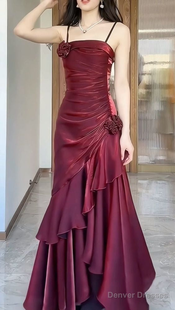 Wine Red Satin Long Straps Prom Dress Wine Red A-line Party Dress Secondary image
