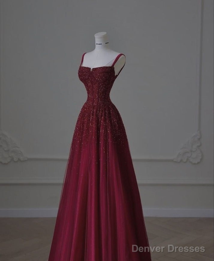 Retro A line Straps Sequin Burgundy Long Party Dress Prom Dresses Main image