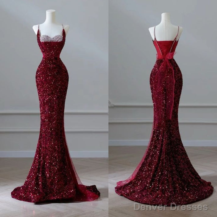 Sexy Mermaid Spaghetti Straps Sequin Burgundy Long Prom Dresses Main image