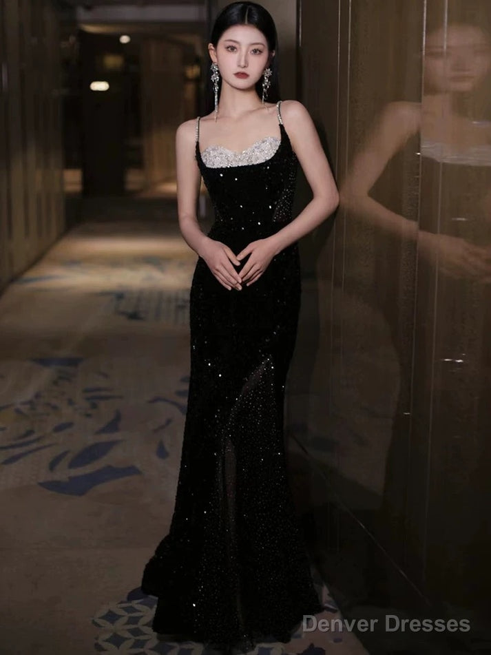 Black Sexy Mermaid Spaghetti Straps Sequin Long Prom Dresses Main image