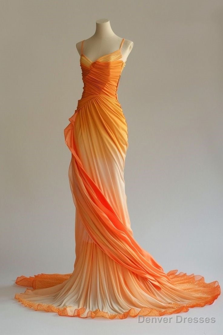 Retro A line Spaghetti Straps Orange Ombre Chiffon Long Evening Dress Prom Dresses Main image