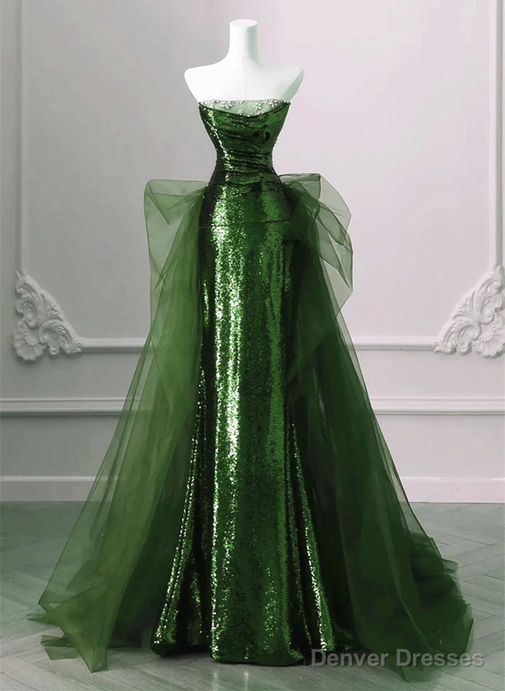 A-line Green Sequins and Tulle Long Prom Dress Green Evening Dress Formal Dress Main image