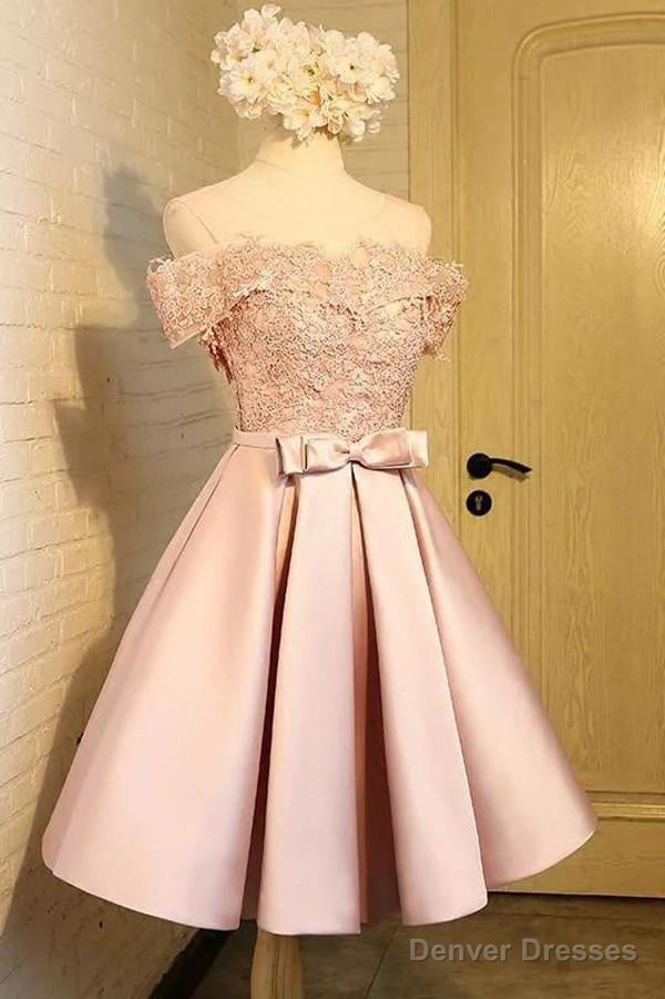 Pink Satin Off The Shoulder Short Prom Dress, Appliques Homecoming Dress Main image
