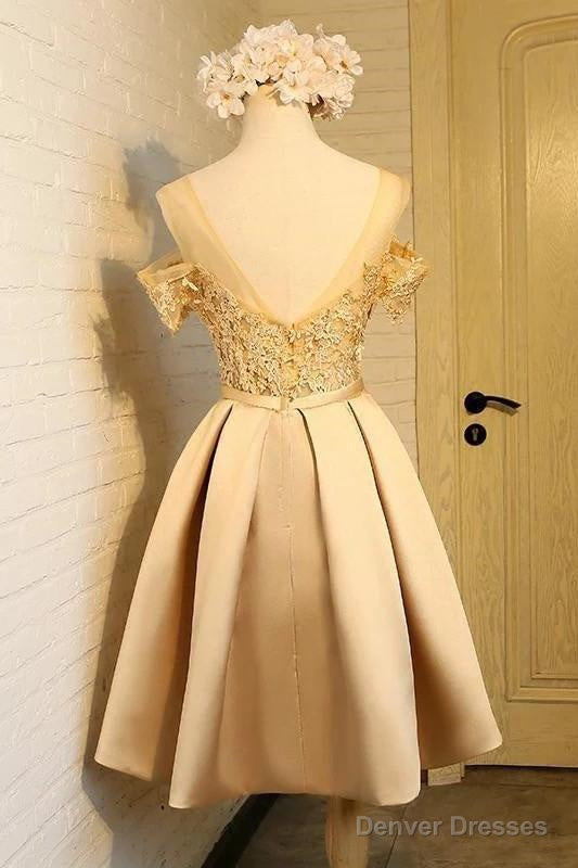 Pink Satin Off The Shoulder Short Prom Dress, Appliques Homecoming Dress Secondary image