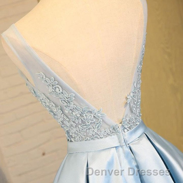 Blue A Line Princess V Neck Backless Appliques Homecoming Dress