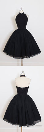 Black Halter Short Sleeve Homecoming Dress, A Line Open Back Short Prom Dresses