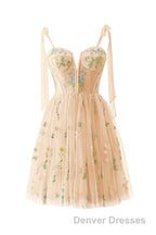 Green Floral Tulle A-line Short Dress with Tie Shoulders