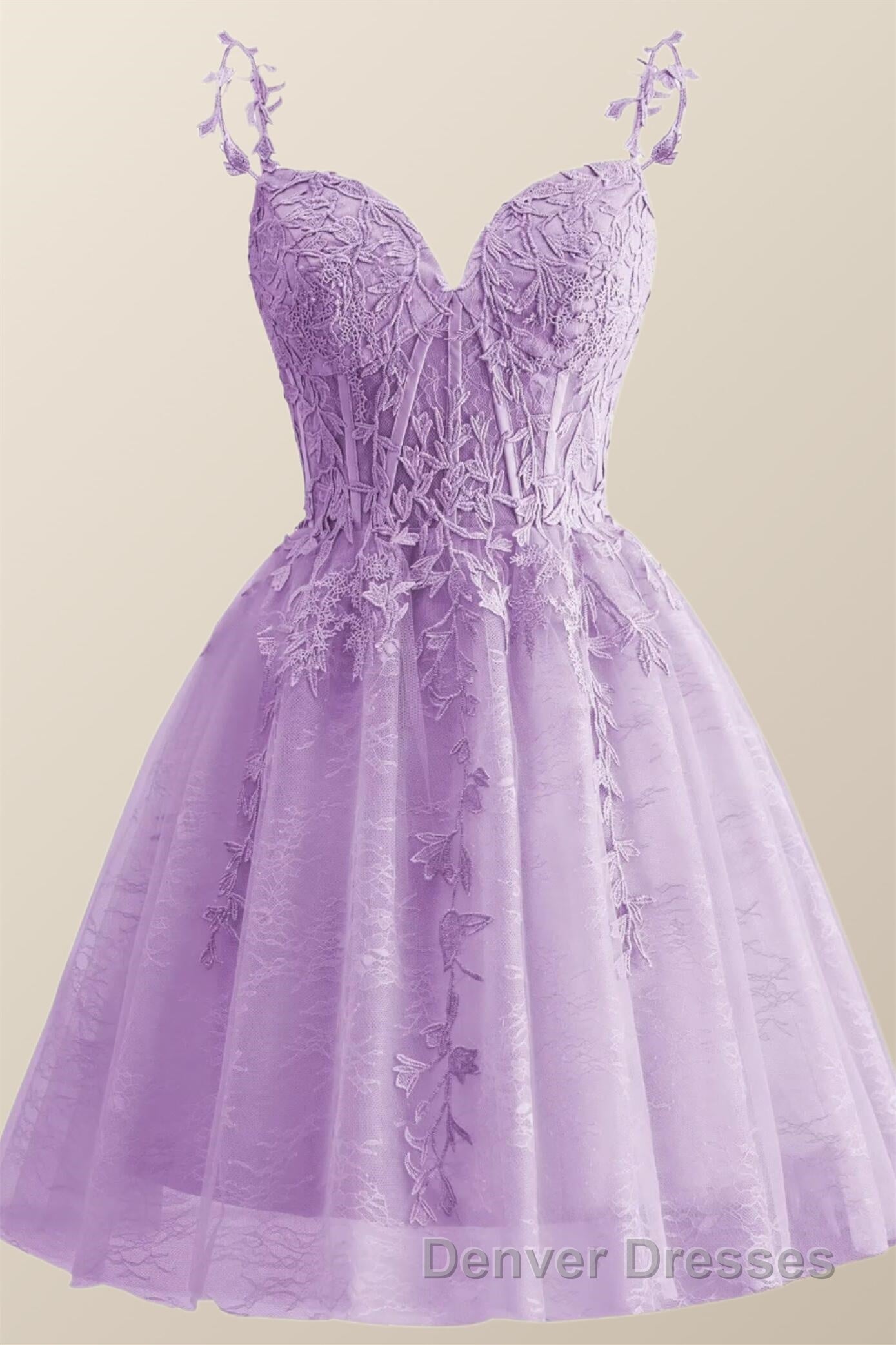 Straps Periwinkle Lace Appliques A-line Short Dress