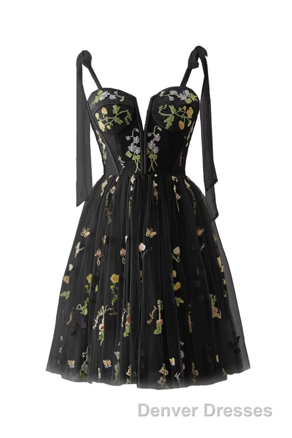 Green Floral Tulle A-line Short Dress with Tie Shoulders