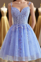 Straps Periwinkle Lace Appliques A-line Short Dress