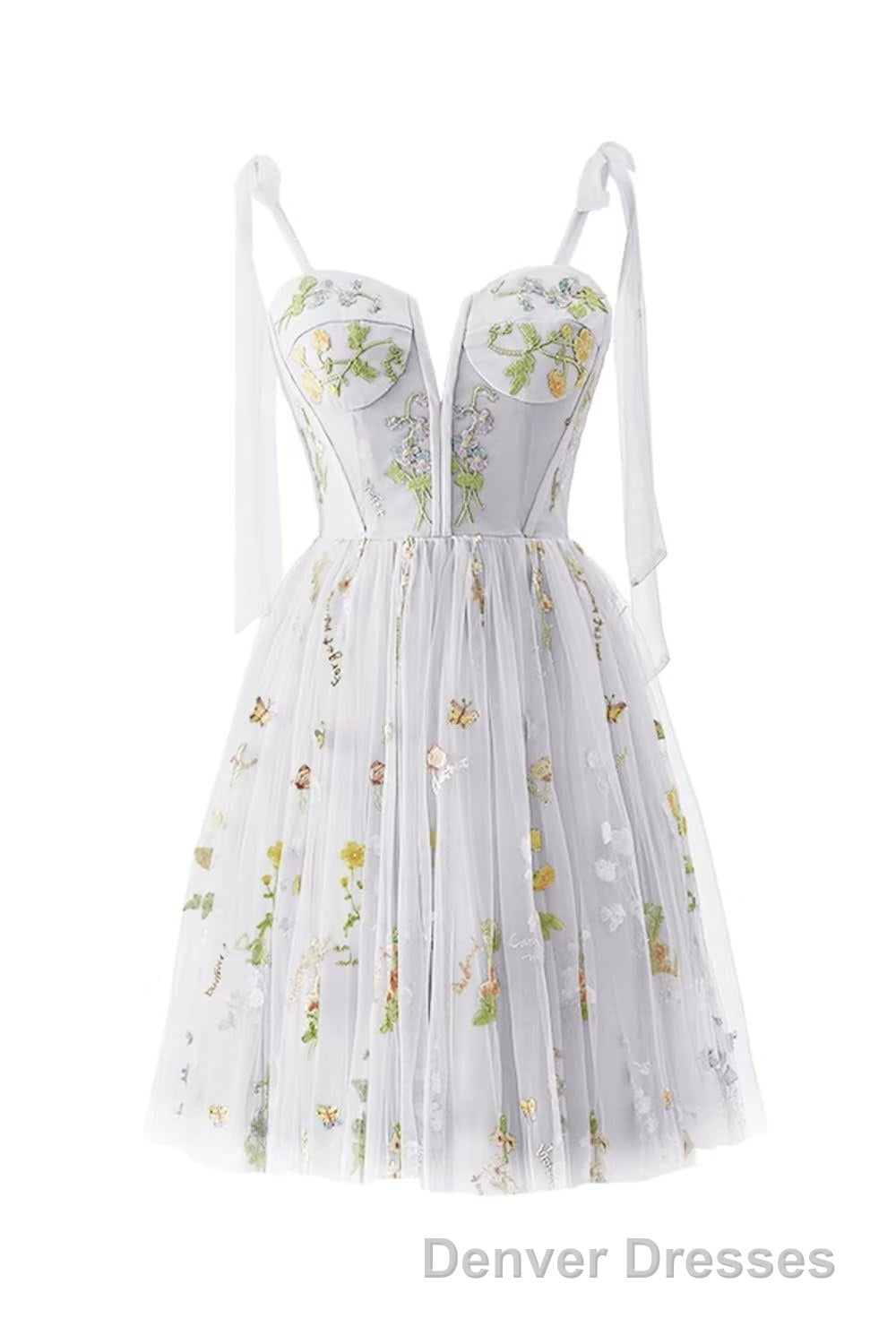 Green Floral Tulle A-line Short Dress with Tie Shoulders