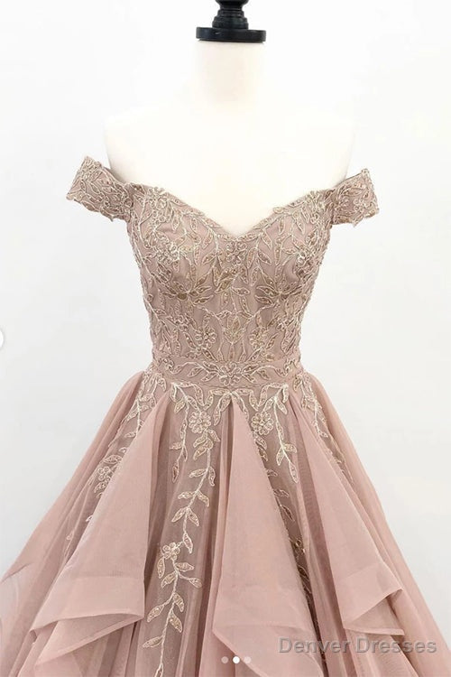 Organza Lace Off Shoulder A-line Cheap Long Prom Dresses Secondary image