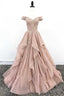 Organza Lace Off Shoulder A-line Cheap Long Prom Dresses
