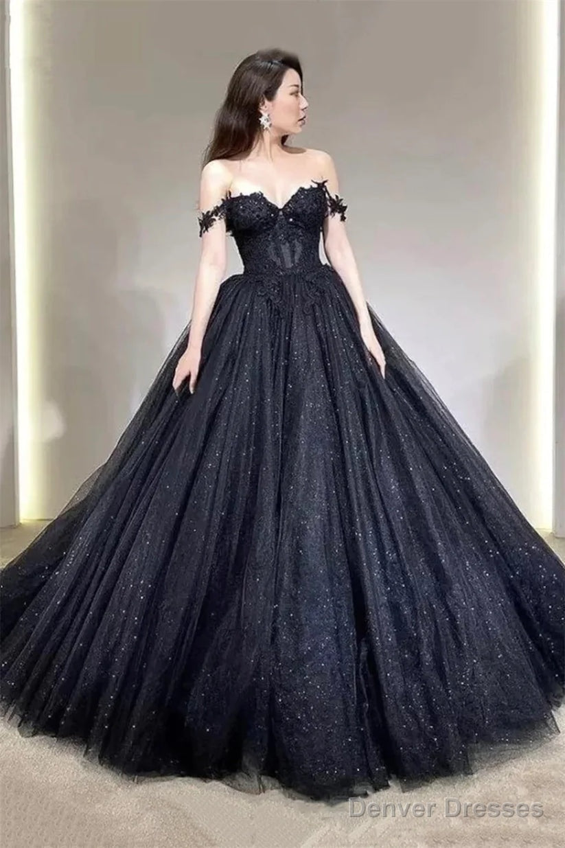 Black Prom Dresses Ball Gown Tulle Elegant Sleeveless Heart Shaped Neck Shiny Sequins Main image