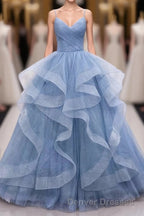 Shiny Blue Tulle A-Line Spaghetti Straps Long Prom Dress