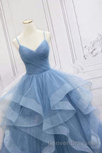 Shiny Blue Tulle A-Line Spaghetti Straps Long Prom Dress