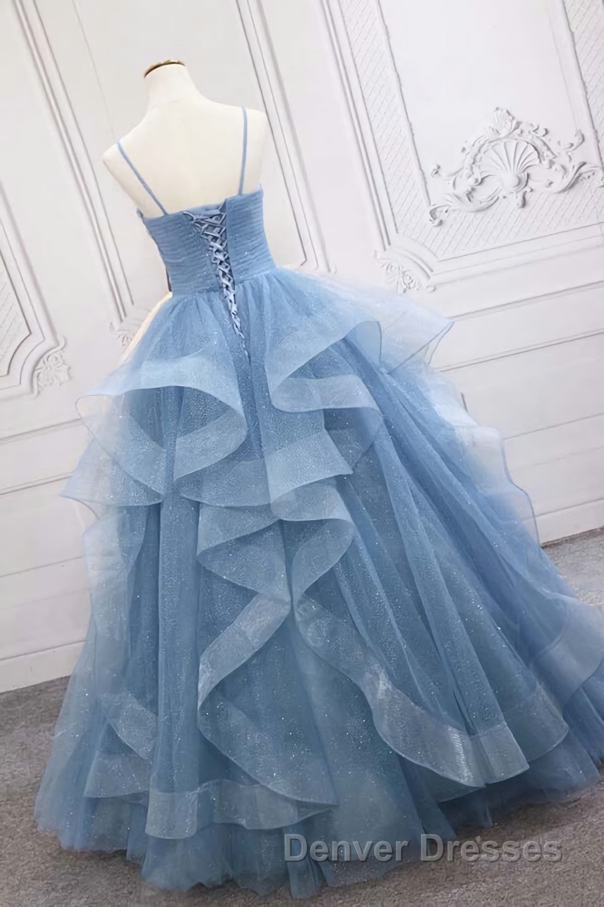 Shiny Blue Tulle A-Line Spaghetti Straps Long Prom Dress