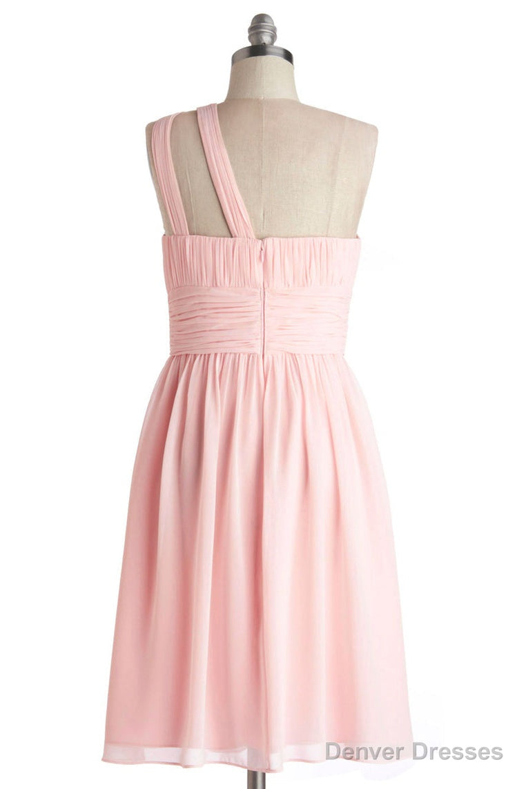 Simple A-Line One Shoulder Short Pink Chiffon Bridesmaid Dress Secondary image