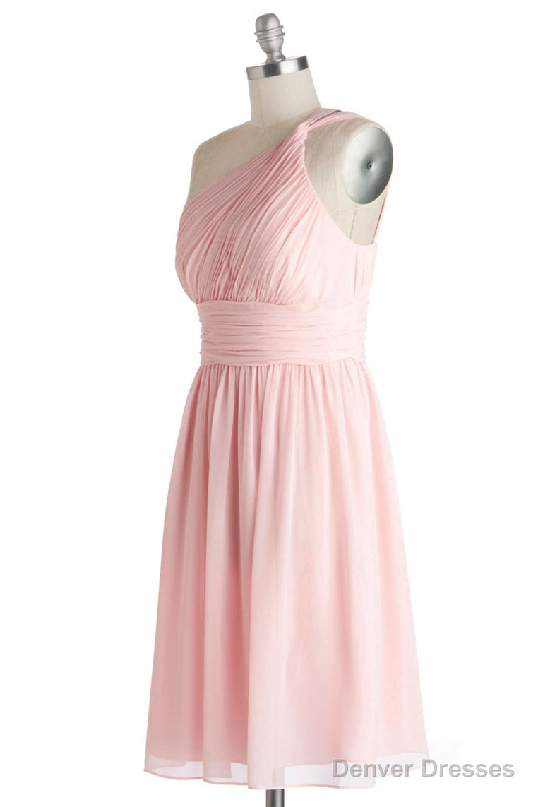 Simple A-Line One Shoulder Short Pink Chiffon Bridesmaid Dress