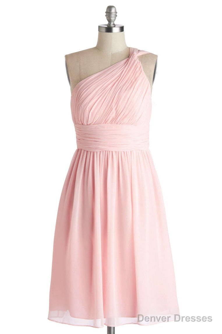 Simple A-Line One Shoulder Short Pink Chiffon Bridesmaid Dress Main image