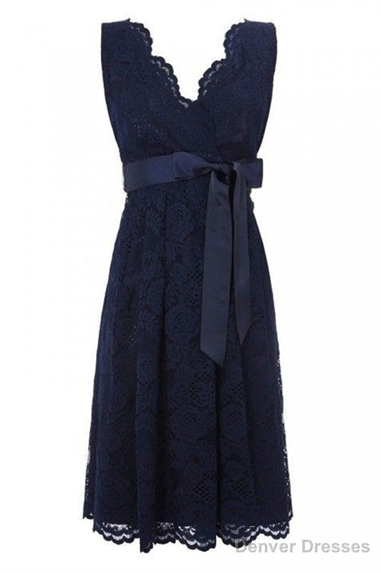 Simple V Neck Short Lace Navy Blue Bridesmaid Dress with Sash Main image