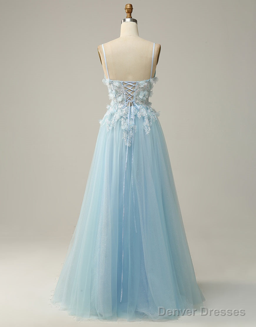 Sky Blue A-Line Spaghetti Straps Tulle Prom Dress With 3D Appliques Secondary image