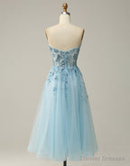 Sky Blue A-Line Tea Length Strapless Party Dress With Beading