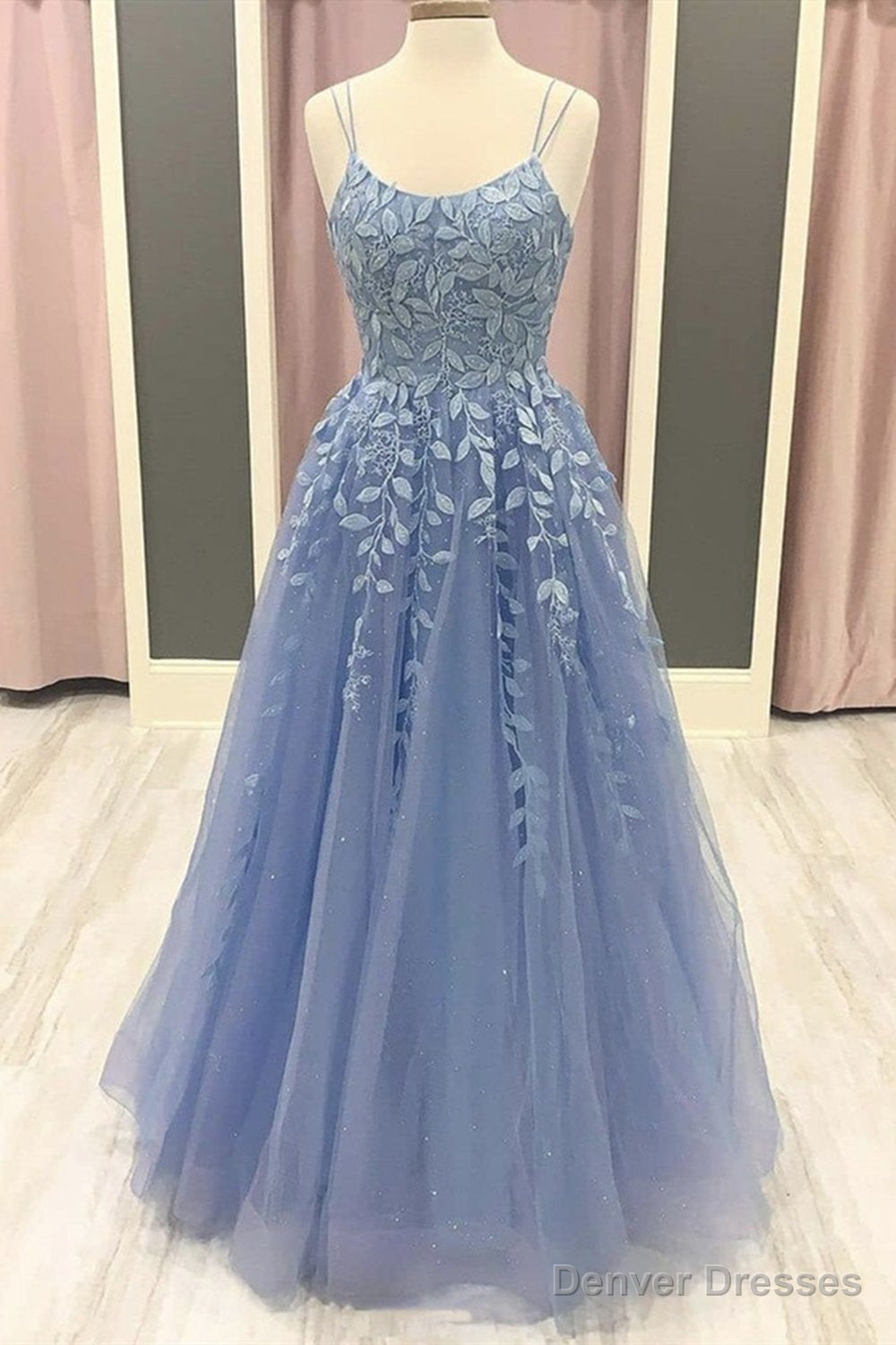 Spaghetti Straps Blue Lace Long Blue Lace Prom Dresses Main image