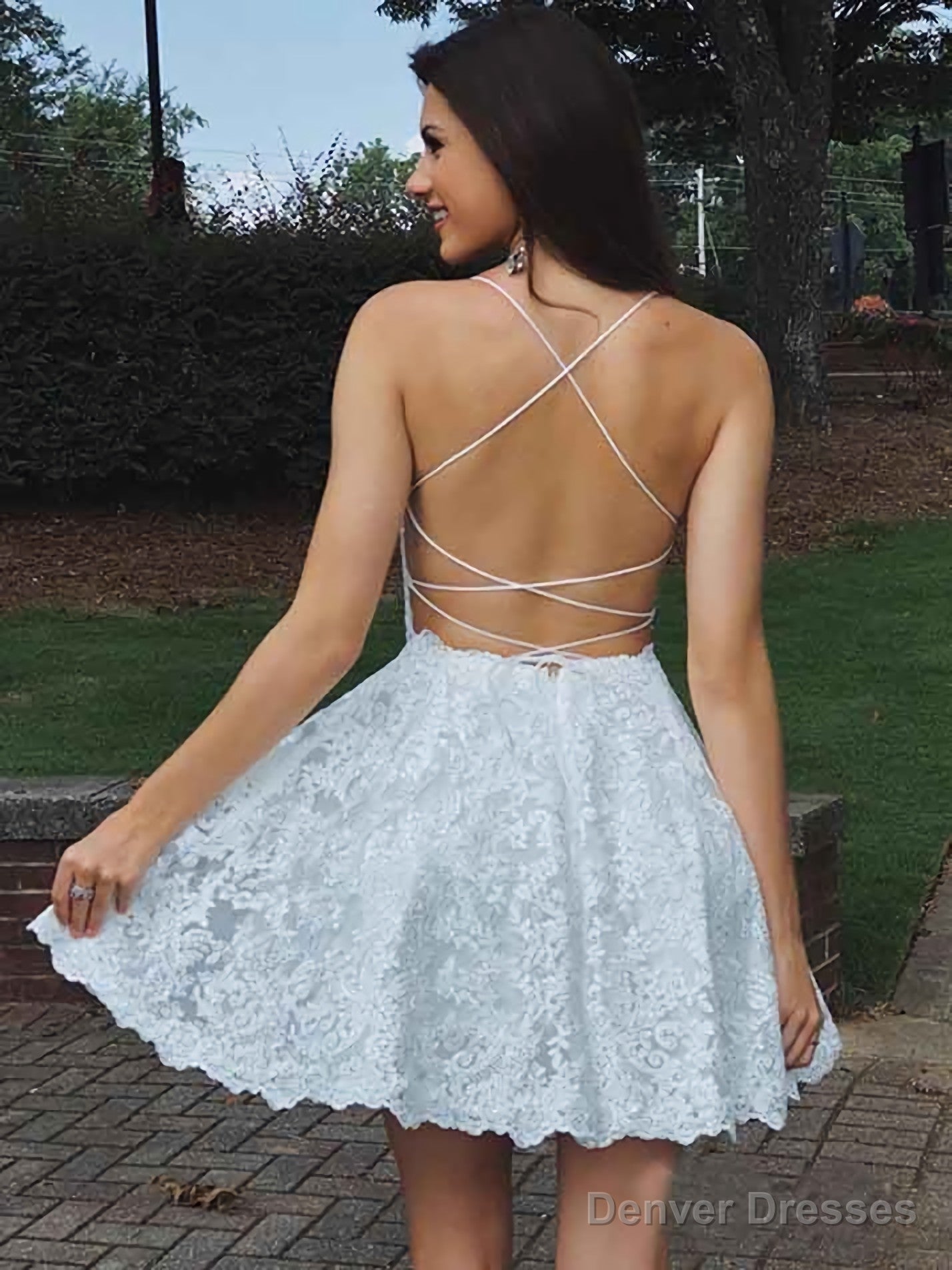 Spaghetti Strap Vintage Gold Lace Applique Criss Cross Short Homecoming Dresses